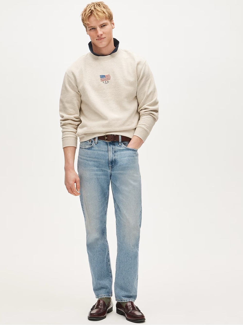 J. CREW '83 fleece sweatshirt with flag embroidery Heather Ecru Size M $98 CR210 - Picture 2 of 9